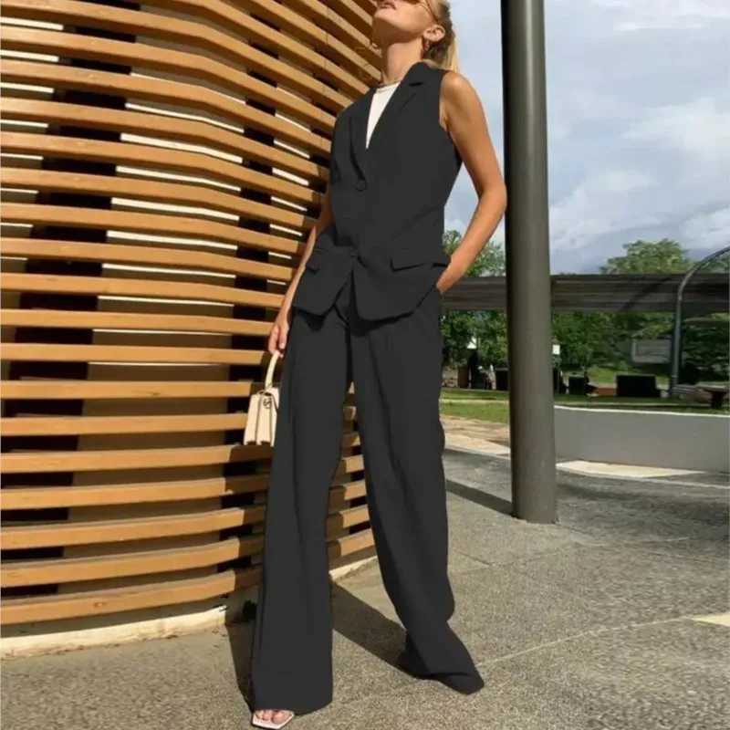 Womens Fashion Suit Two Piece Set Summer Notched Button Vest + Wide Leg Pants Set Elegant Office Business Casual Outfits X250704