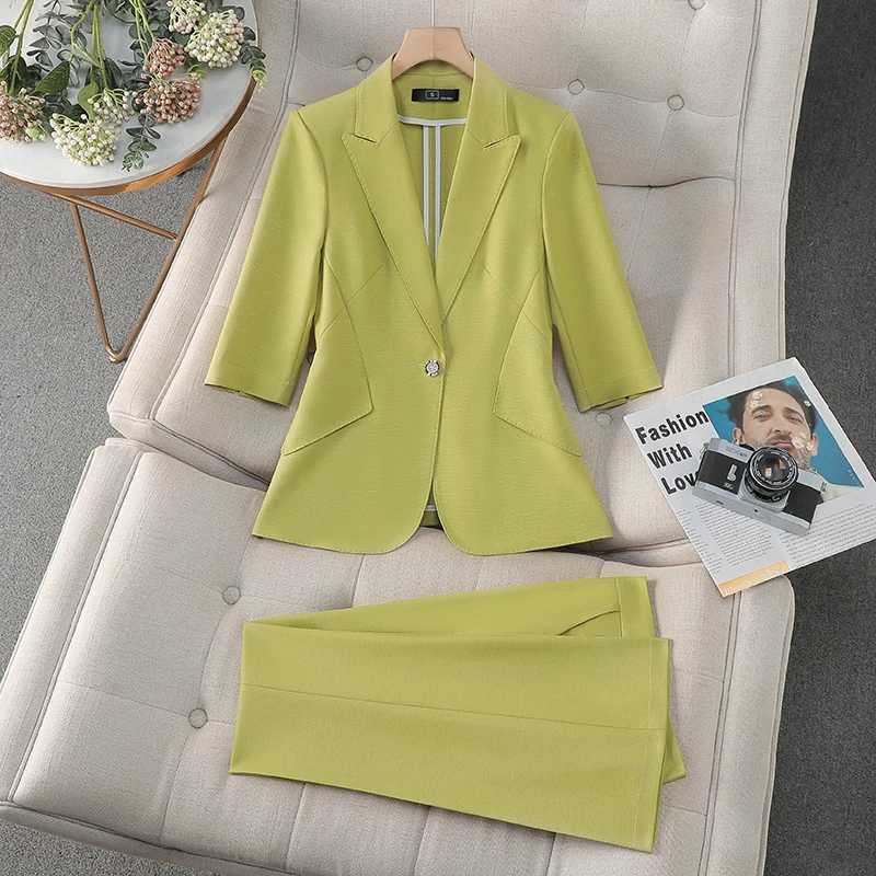 ZJYT Fashion Spring Ladies Pant Suit Women Office Thr Quarter Slve Blazer Trousers Set Two Piece Outfit Work Suits Plus Size X250704