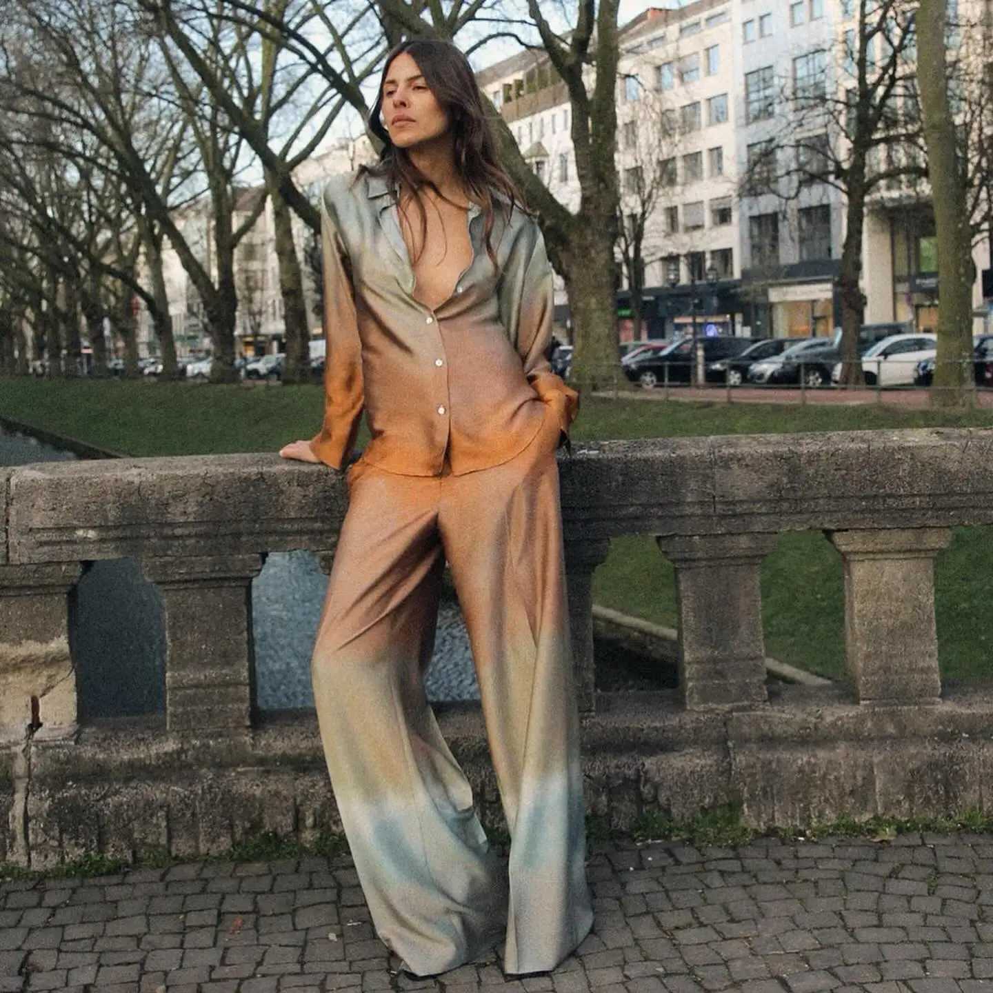 Tie Dye Gradient Print Loose Shirts Top Wide Leg Pants Sets New Autumn Button Blouse Long Trouser Satin Vintage Chic Women Suit X250704