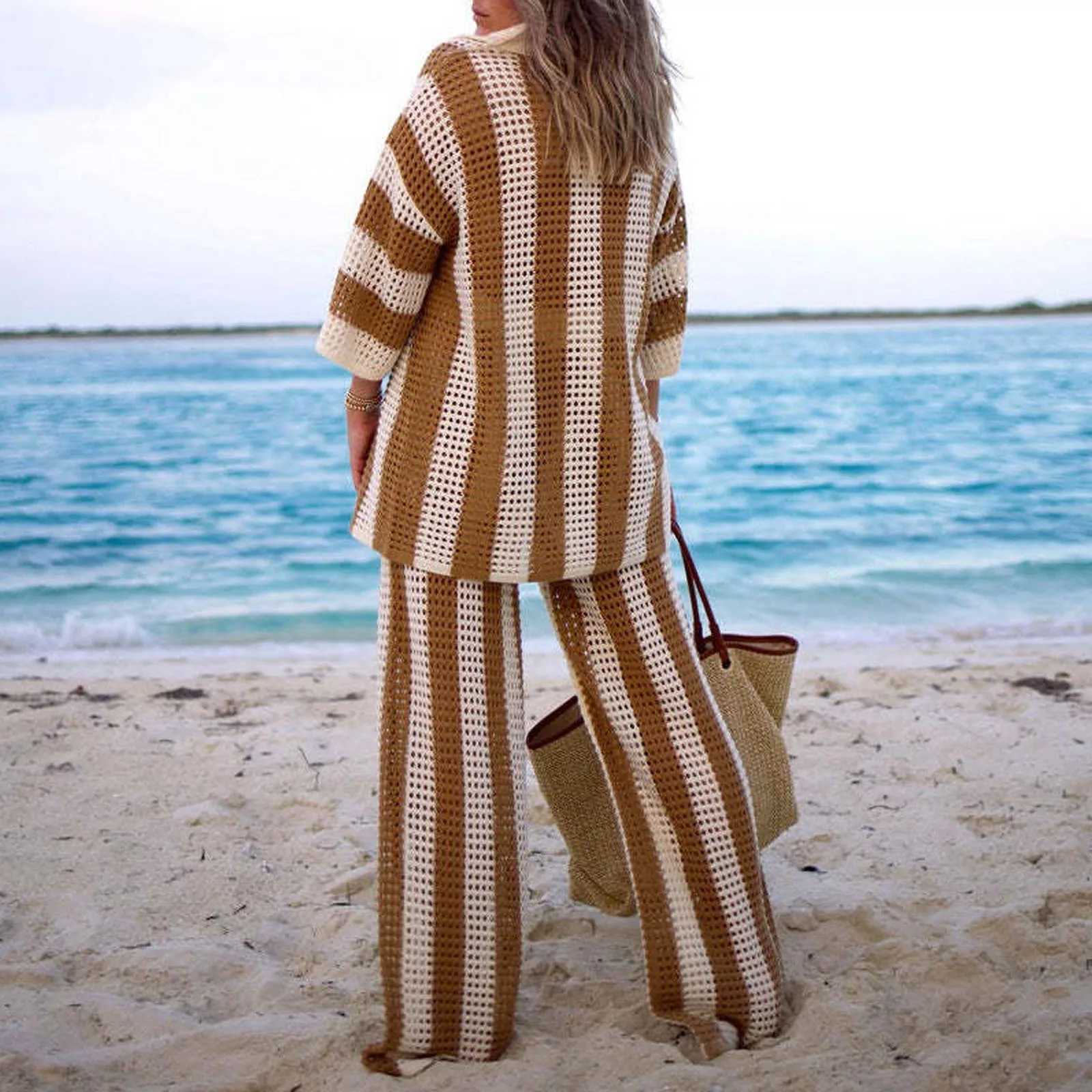 Fashion Beach Casual Women Suit Sexy Spring Summer Hollow Out V Neck Half Slves Wide Leg Pants Sets Stripe Shirts Pant Sets X250704
