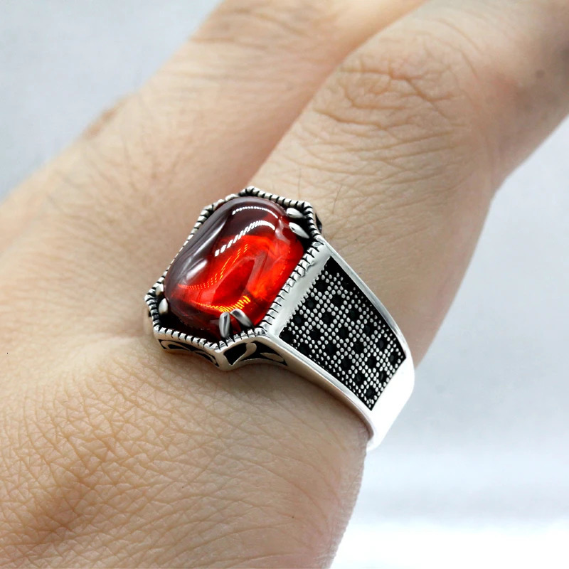 S925 Sterling Silver Mens Ring Grade A Red Zircon Handmade Jewelry Party Gift Fashion Retro Gift Turkiye 250716