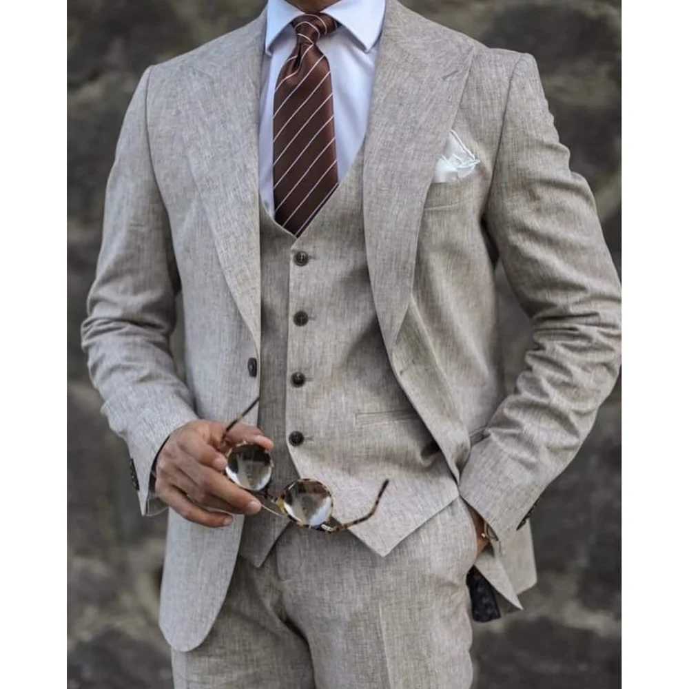 Summer New Men Suits Slim Fit Fashion Peak Lapel Single Breasted Thin Linen Male Suit Business Casual Beach Wedding Tuxedo 3 Pc X250704