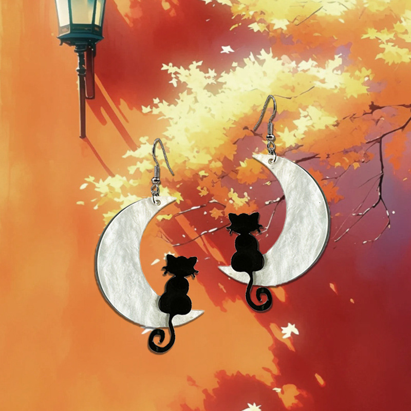 Meow Star Crescent Cat Earrings For Women, Elegant Design Acrylic Moon Ear Drops