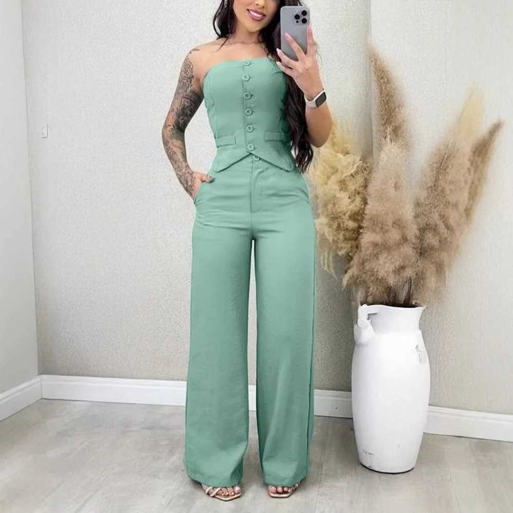 Women Fashion Sexy Summer 2 Pieces Outfit Bandeau Button Decor Vest Top Casual Wide Leg Pants Set X250704