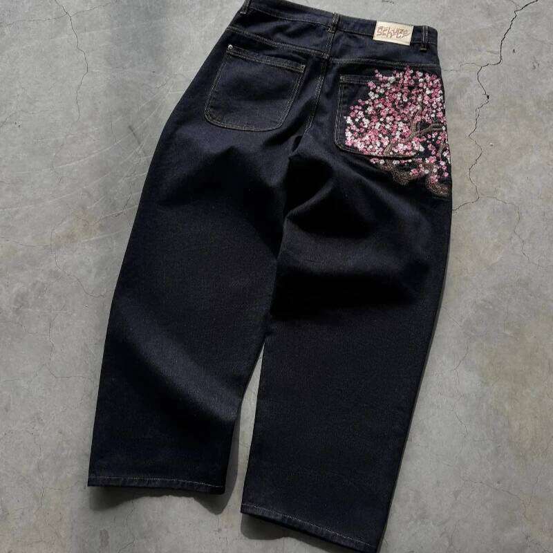 Y2K Baggy jeans Cherry Blossom Seedge Embroidery Denim Pants men women denim fabric American Hiphop Streetwear Wide Leg Jeans