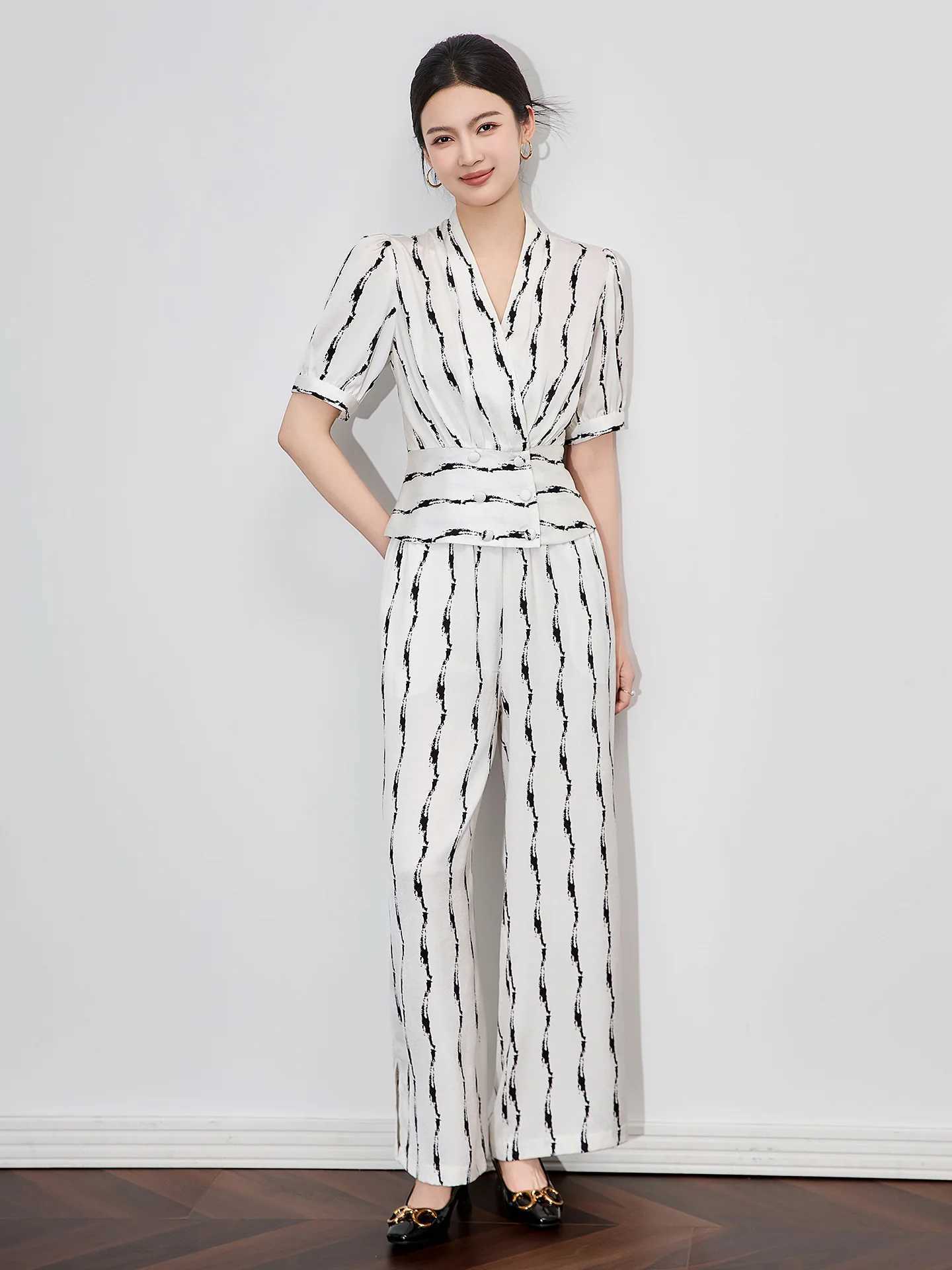 ZJYT Elegant Lady Summer Striped Print Top And Pant Sets 2 Piece Womens Outfit White Trousers Suit Conjuntos Femininos 2025 New X250704
