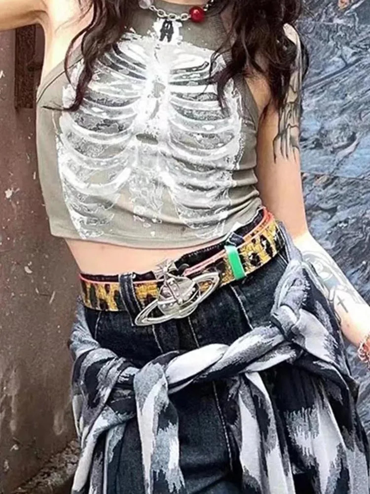 Punk Aesthetic Cyber Retro X-ray Skeleton Print Rib Sleeveless Vest ArmyGreen Crop Top Clothes Women Summer Emo 250704
