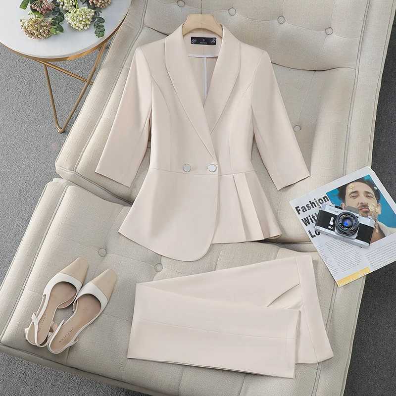 ZJYT Fashion Spring Ladies Pant Suit Women Office Formal Thr Quarter Slve Blazer Trousers Set Two Piece Outfit Plus Size X250704