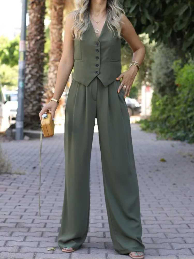 casual slveless suit set office lady spring summer elegant slim v-neck blazer tops pants two piece set women outfit 2024 X250704