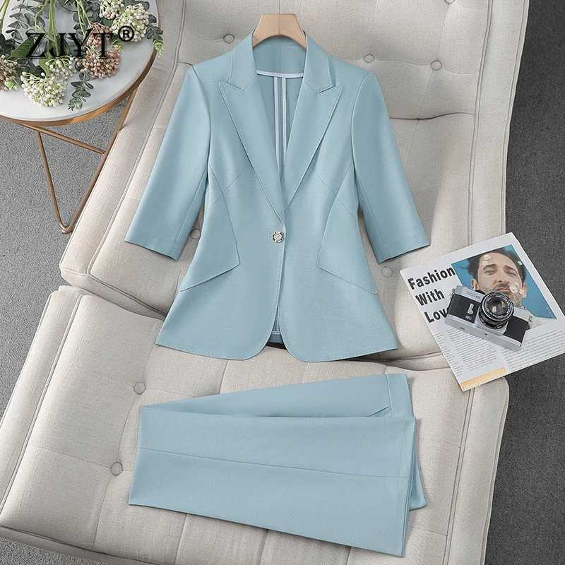 ZJYT Fashion Spring Ladies Pant Suit Women Office Thr Quarter Slve Blazer Trousers Set Two Piece Outfit Work Suits Plus Size X250704
