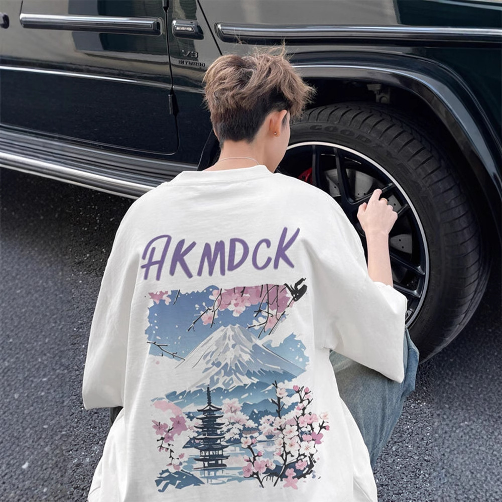 Mount Fuji Print Round Neck Short Sleeve T-Shirt for Men Designer short sleeves 2025 Summer Thin American High Street Fashion Brand Five-Sleeve Couple