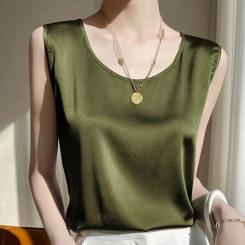 Round Collar Acetate Satin Top Women Silk Tank Woman Sleeveless Shirt Bottom Tops Luxry 250704