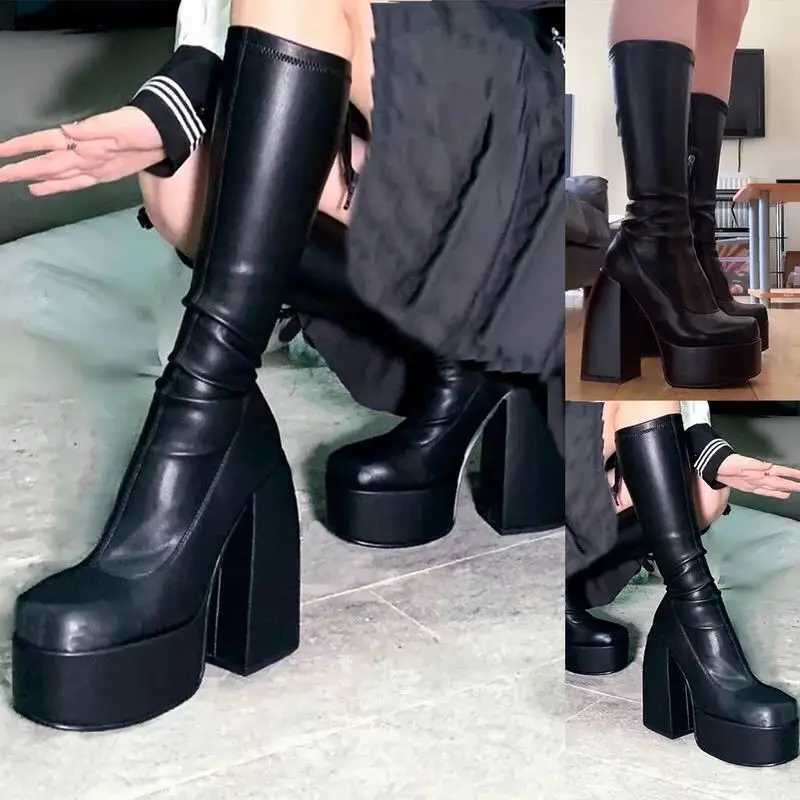 Womens Square Toe High Heeled Boots Long Short Tube Block Heel Punk Boots Women Platform Shoes Black Cowboy Boots for Women Z250704