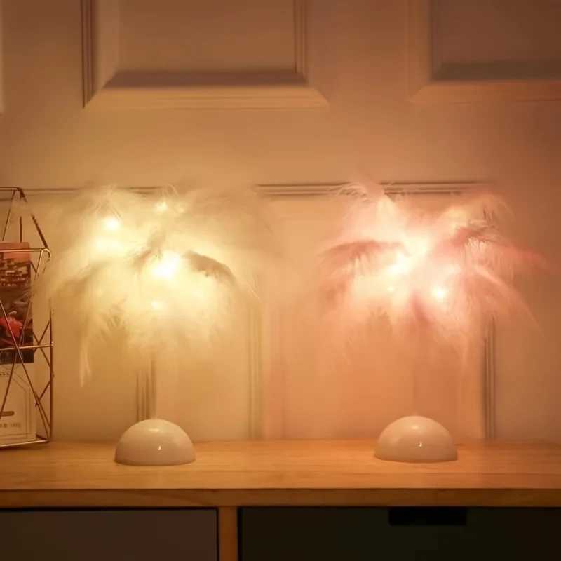 LED Feather Table Lamp Warm White Light Tree Feather Night Light Girl LED Wedding Decorative Lights Birthday Gift Home Decor NewXJ250703