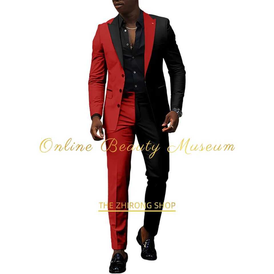Fashion Mens Suit 2-Piece Set (Jacket+Pants) Red-Black Peak Lapel Blazer Wedding Cocktail Birthday Party Custom Homme Tuxedo X250704