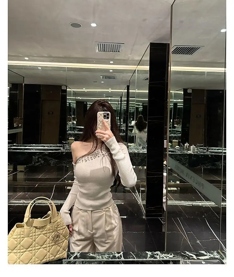 Neck Off Shoulder Elegant Pullover Knitted Top Pull Femme Irregular Diamond Sweaters Bottom Shirts Korean Fashion Slim Sexy 250703