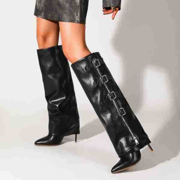 Stylish Comfortable Vintage Woman Boots Leather Snow Ankle Chelsea High Heels Shoes women Fashion Casual Pointed Toe Buckle Boot Gothic Punk Rock Classic Boot