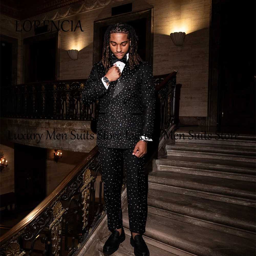 Sparkly Crystal Suits for Male 2 Pieces Double Breasted Groom Tuxedos Wedding Party Customized Blazer Pants robe mariage femme X250704