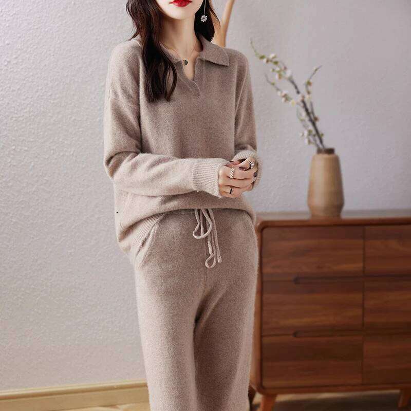 100% Pure Wool Knitted Suit Women's 24 Autumn Winter New Fashion POLO Collar Pullover Sweater Commuting Calf Pants Two-Piece Set 250704