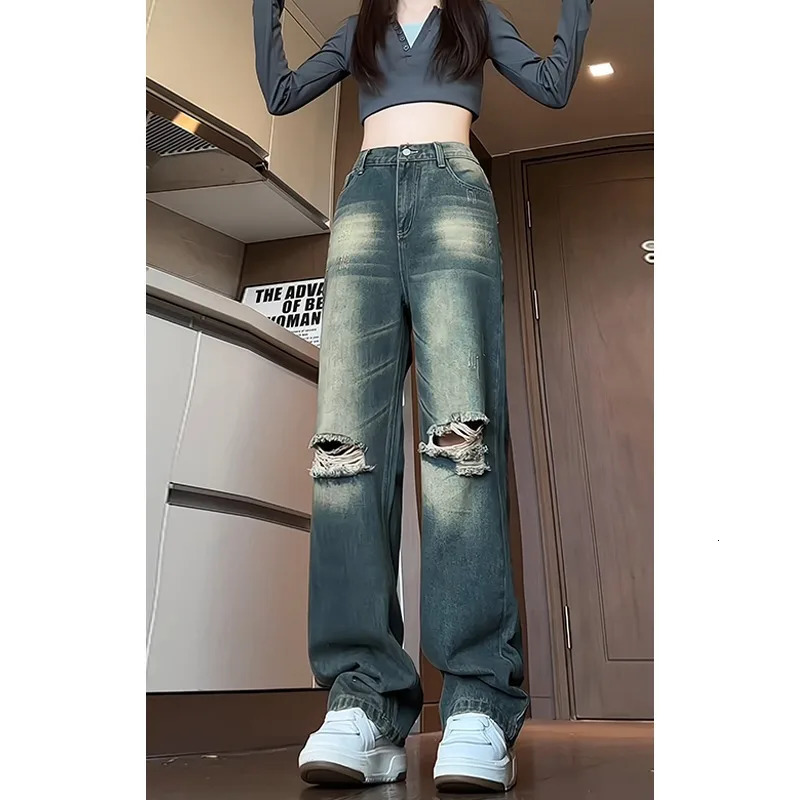 Summer Vintage Harajuku Y2K Loose Jeans Hollow Baggy Ripped Out Blue Pants Womens Wide Leg Trashy Style Denim Trousers 250704