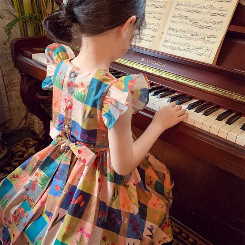 Humor Bear Girls Summer New Korean Checkered Countryside Floral Flying Sle Tank Skirt Dresses Casual Outfit 2-6Y R250704
