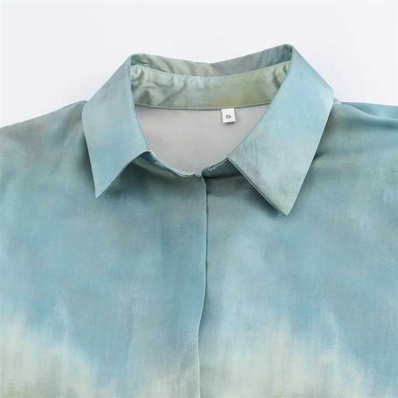 Tie Dye Gradient Print Loose Shirts Top Wide Leg Pants Sets New Autumn Button Blouse Long Trouser Satin Vintage Chic Women Suit X250704