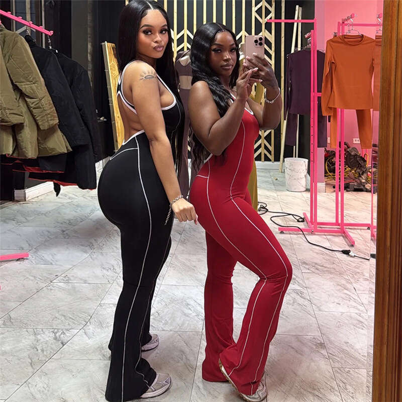 European and American Summer Fashion Backless Slim Fit Color Block Hip-lifting Yoga Casual Jumpsuit for Women 2025 New Elegant Unique Clothing