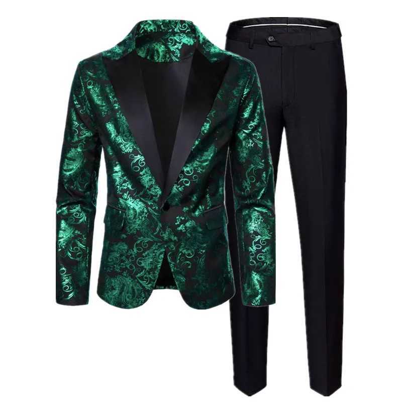 Fashion Mens Luxury Hot Stamping Suit 2 Piece Fashion Male Wedding Prom Party Bar KTV Stage Performance Flower Blazer and Pants X250704