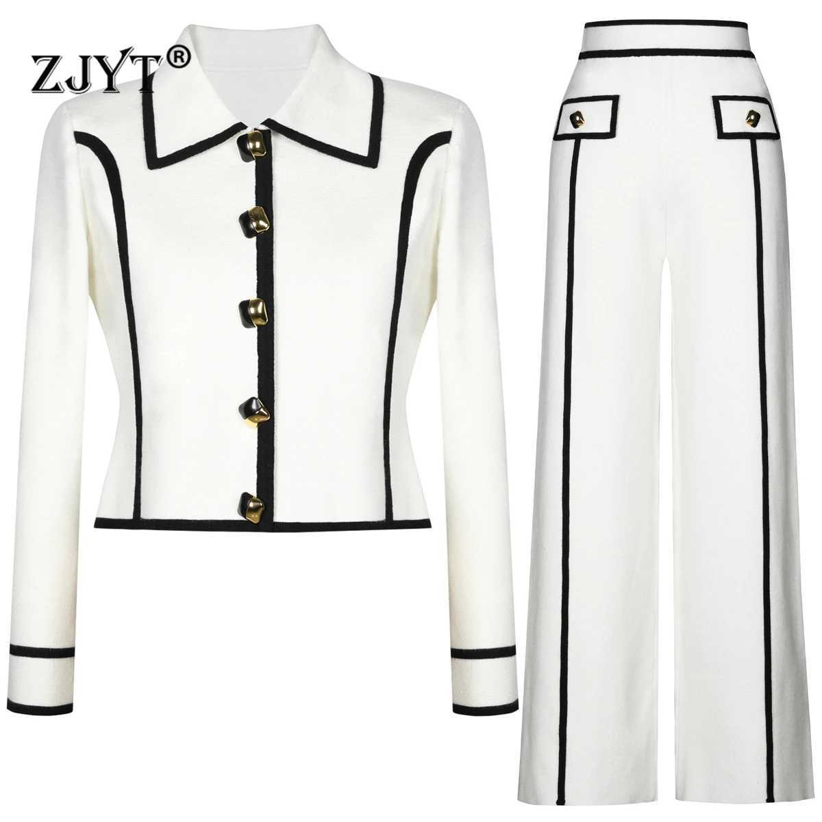 ZJYT Spring Knitted Suit Color Block Cardigan Sweater and Pants 2 Piece Matching Set Women 2025 Fashion Ladies White Outfit X250704