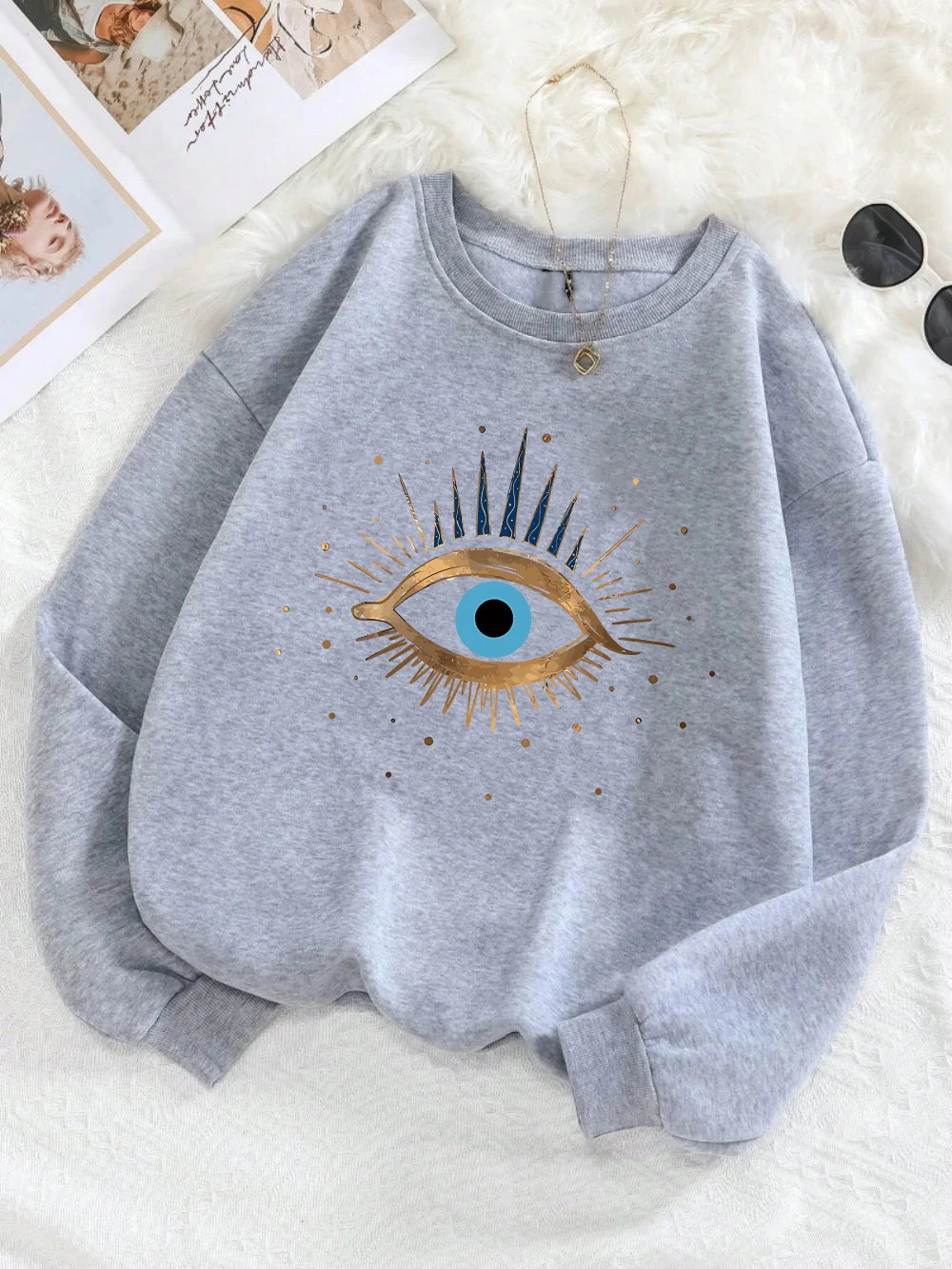Casual Womens Sweatshirt Vintage Devils Eye Prints Pullover Soft Breathable Loose Crewneck Hoodie Autumn Winter Female Clothing 250704