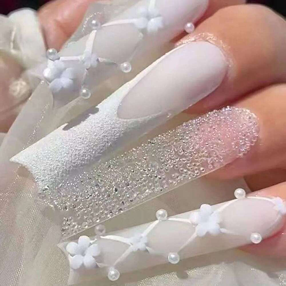 24Pcs Long Coffin False Pink French Flowers Design Fake Nail with Butterfly Rhinestone Wearable Ballet Press on Nails X250704