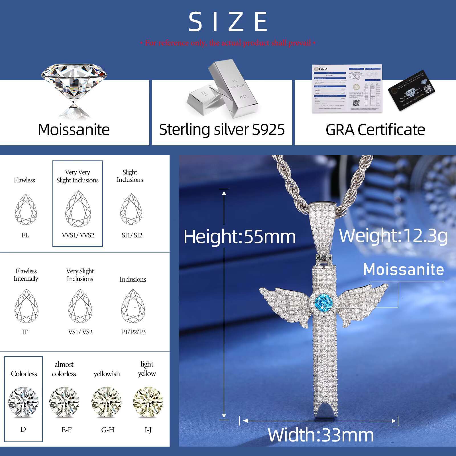 Fashion Mossanite Jewelry 925 Sterling Silver VVS Moissanite Diamond Birthstone Iced Out Wing Whistle Breathing Pendant Necklace