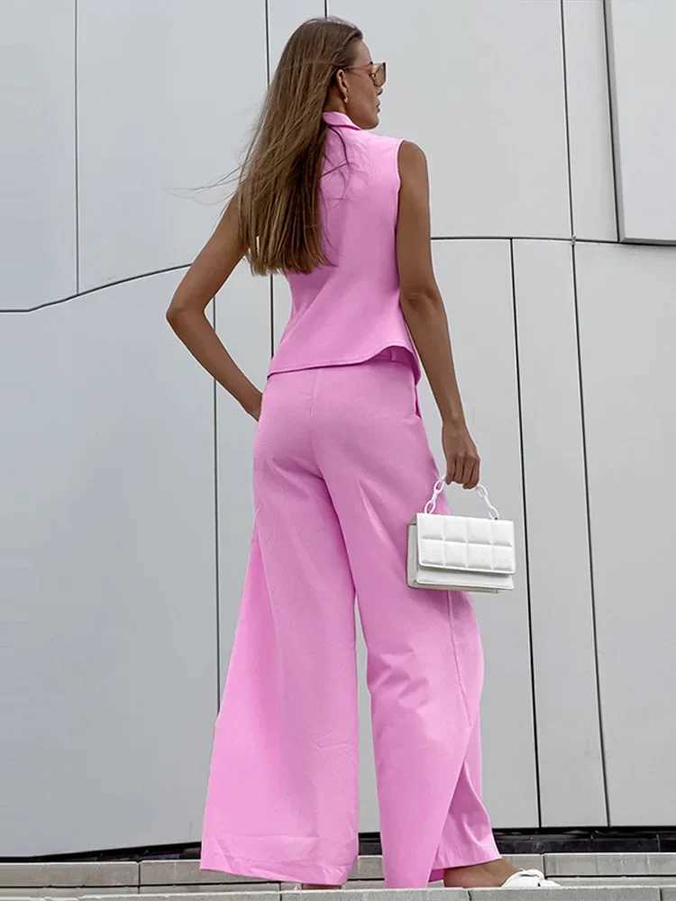 Lapel Single Breasted Vest Women Set Casual Solid Slveless Top Wide Leg Pleated Trousers Spring Summer Lady Outfit X250704