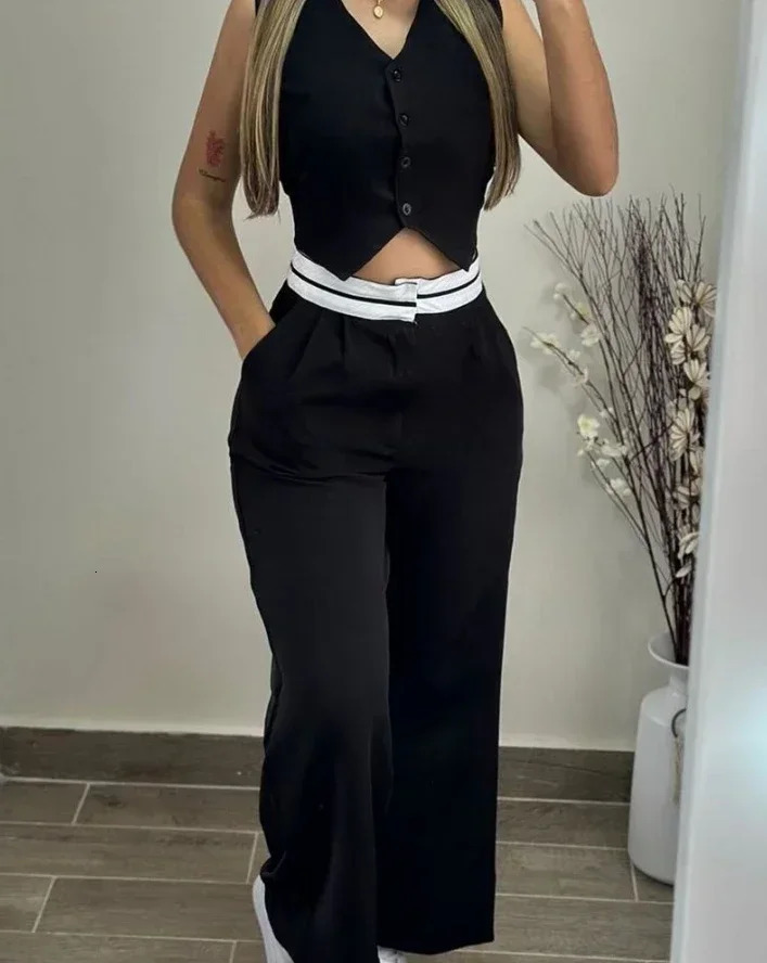 Fashion Summer Casual Sexy Elegant VNeck Buttoned Vest Top Pocket n Pants Set Womens Two Piece Sets Outfit 250704