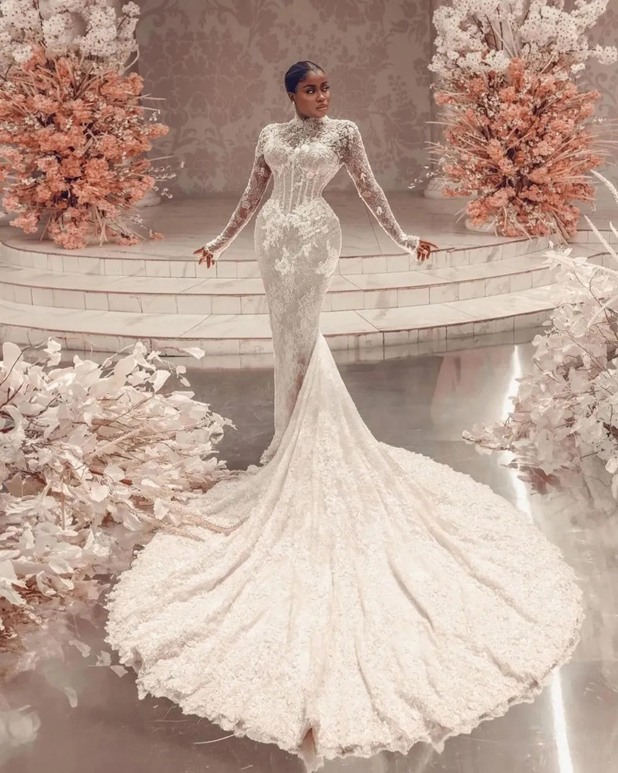 Muslim Lace Mermaid Wedding Dresses 2025 High Neck Long Sleeve Robe De Soiree Boho Bridal Gowns Custom Made Bride Dress