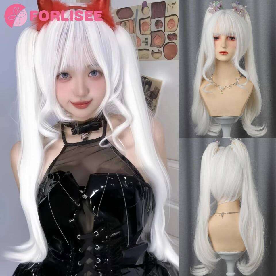 FORLI White Twin Ponytail Princess Cut Natural Short Synthetic Wigs With Bangs For Women Heat Resistant Cosplay Lolita Hair