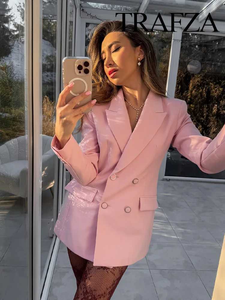 TRAFZA Women New Fashion Blazer Suit Lapel Double-Breasted Pocket Casual Coat+Chic High Waist Loose Zipper Slim Long Pants Suit X250704