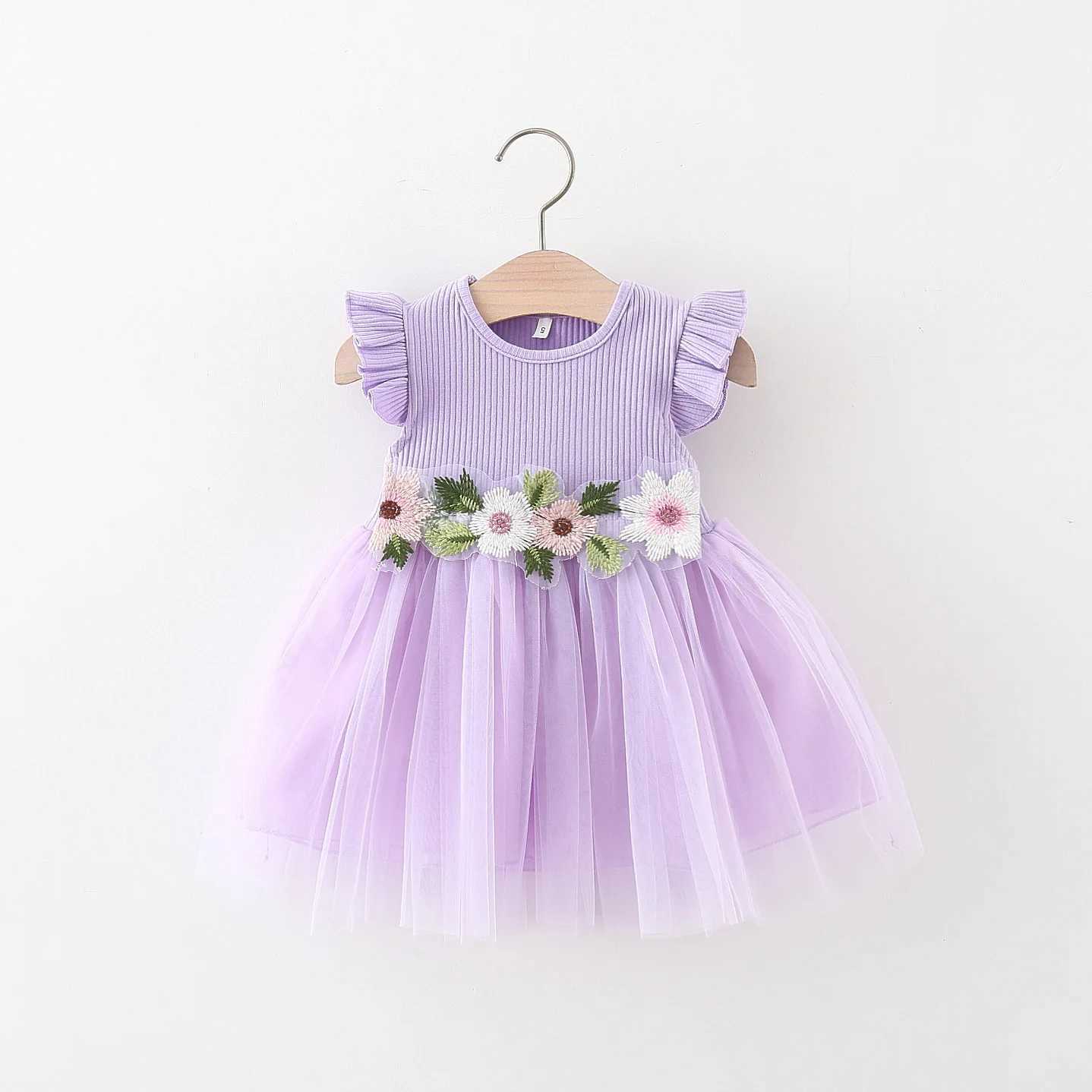 Summer New Waist Line Flower Mesh Yarn Skirt Girls Flying Sles Knitted Pit Stripe Small Skirt Spld Dress R250704