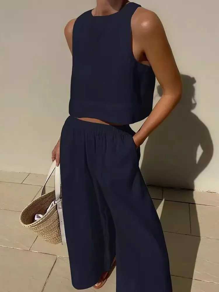 Womens Solid Color Casual Slveless Shirt And Pants Two Piece Summer Loose Simple Wide Leg Pants Vest Female 2025 X250704