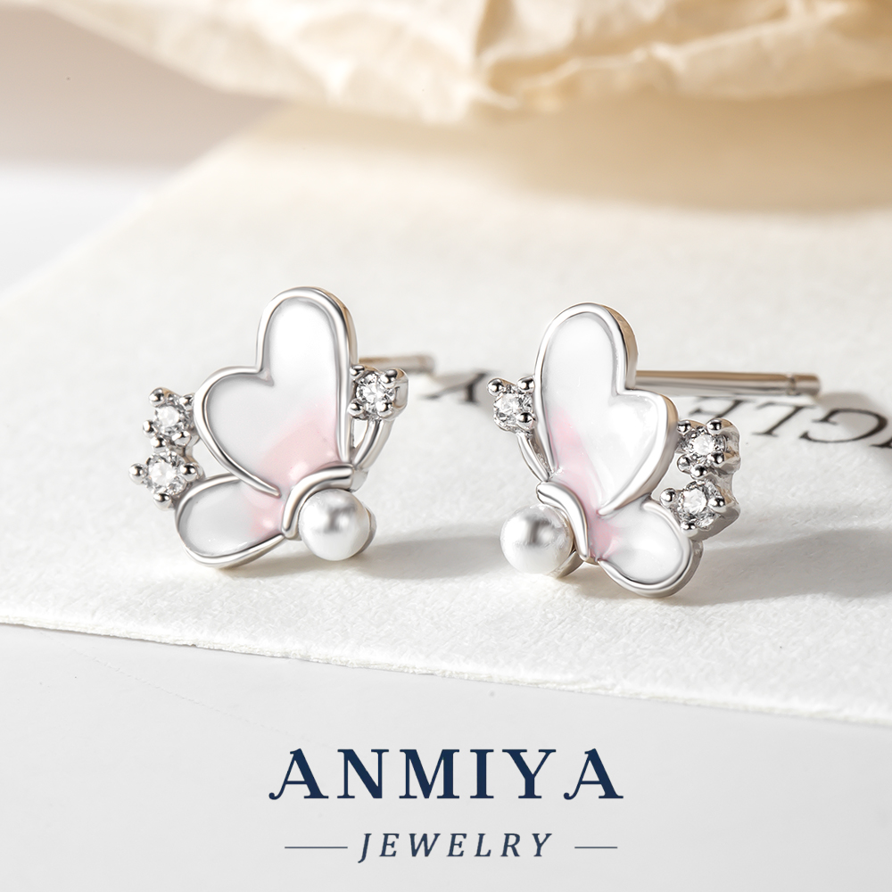 Enamel Butterfly Wing Silver Jewelry for Women 925 Sterling Stud Earring with Pearl Accents for Daily Accessories