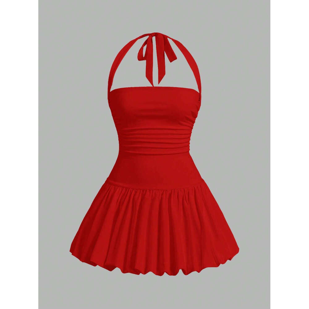 European and American Women's Summer Sexy Street Solid Color Back Tie Strap Sleeveless Halter Birthday Party Dress 2025 New Casual Versatile Fash
