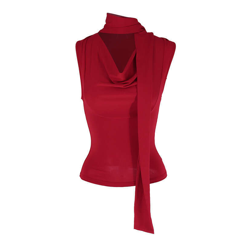 Ruffle Neck Sleeveless Vest for Women Summer Waist Slimming Sexy Fit Purple Tie Strap Top Outerwear 2025 Elegant Versatile New Trendy Fashion Ins