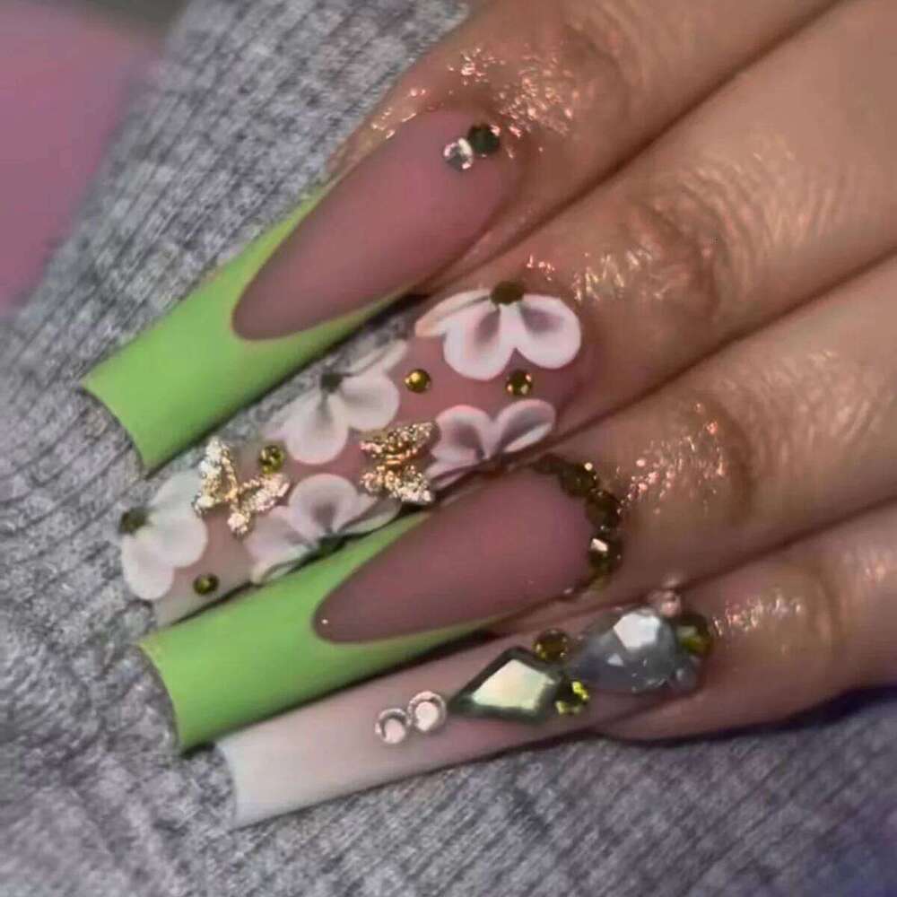 24Pcs Long Coffin False Pink French Flowers Design Fake Nail with Butterfly Rhinestone Wearable Ballet Press on Nails X250704