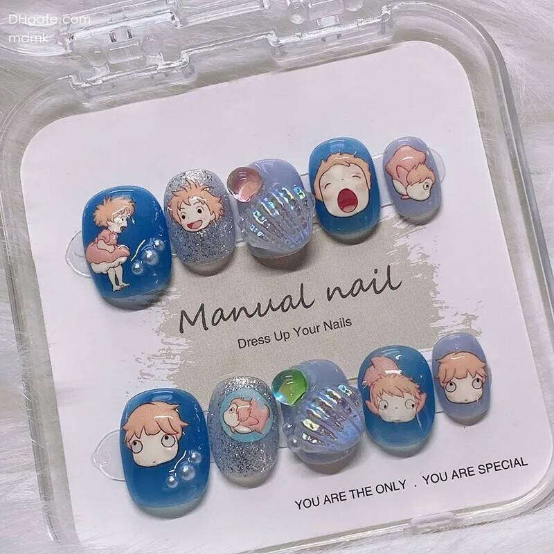 Acrylic Press on With 3d Designs Kawaii Sea Shell Full Cover Artificial Blue Color Handmade Japanese Manicuree Nails X250704