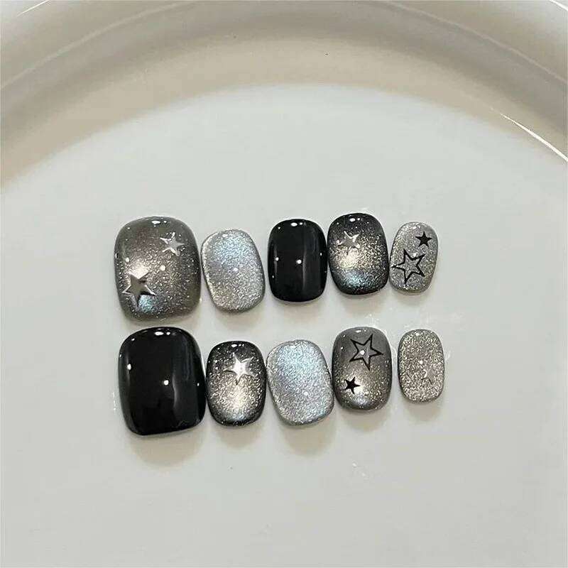10Pcs Handmade Press on Nails Black Sweet Cool Cat Eye Stars False for Women&Girl Short Square&Round Wearable Nail Art X250704