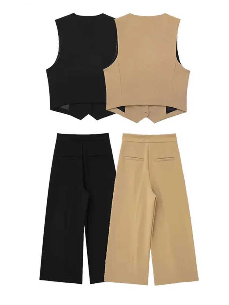 TRAFZA Womens Slveless Vest Suit V-neck Single-breasted High Waist Side Pocket Womens Straight Leg Pants Business Suits X250704