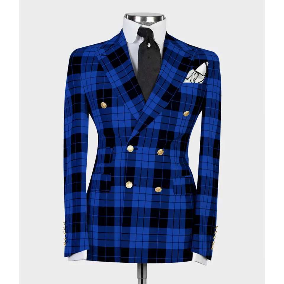 Blue Black Plaid Men Suit Double Breasted Peak Lapel 2 Pieces (Jacket+Pants) Formal Wedding Party Set for Men X250704