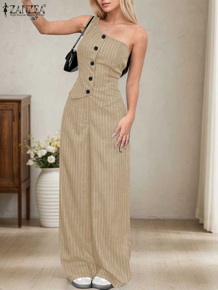 ZANZEA Sexy One-Shoulder Tops Fashion Two Piece Outfits Strtwear Woman Striped Summer 2 Pieces Sets Wide-Leg Pants Pant Sets X250704