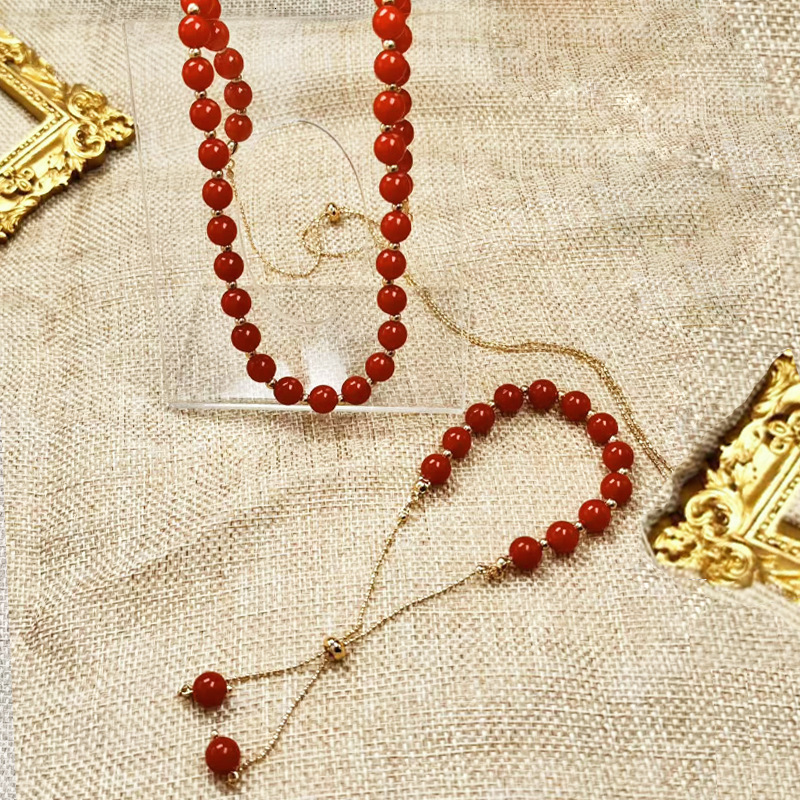 High-End Red Necklace Bracelet Set Beaded Sweater Clavicle Copper Chain
