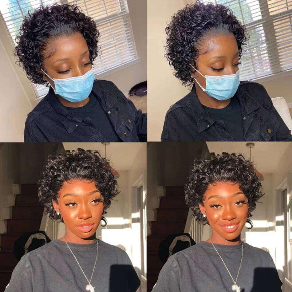 Curly Pixie Cut Water Curl Short Bob Human For Women 13X1 Transparent Lace Hair Cheap Wig Pre Plucked